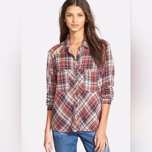 FREE PEOPLE Sz XS STITCH DETAIL PLAID LONG SLEEVE SHIRT